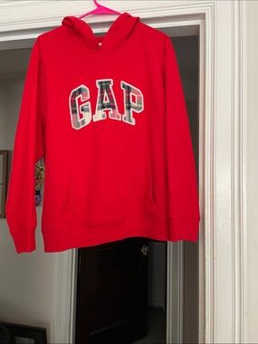 GAP Red Hoodie with Plaid Lettering